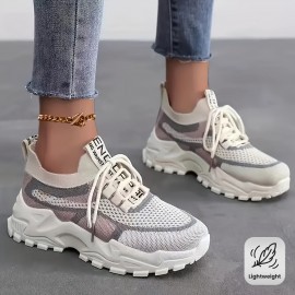 Um par de ténis femininos para todas as estações, cor sólida, material superior leve e respirável, sola de PVC confortável e macia, biqueira redonda, sapatos desportivos casuais de cano baixo