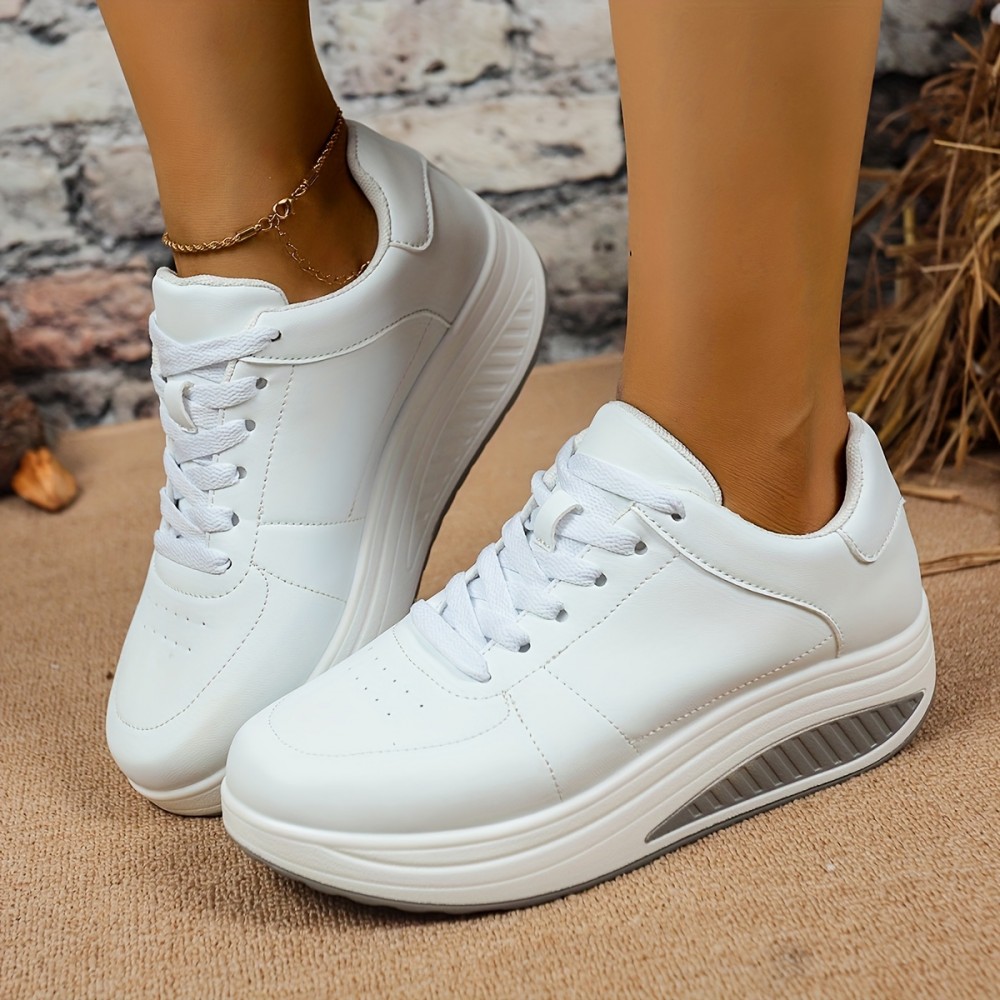 Tenis de Plataforma para Mulheres - Sola Grossa para Aumento de Altura, Palmilha Amortecida - Tênis com Cadarço para Todas as Estações - Parte Superior em Couro Sintético e Solado Antiderrapante - Sapatos Esportivos, Corrida e Casual - Fácil Limpeza Branc