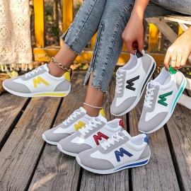 Tenis Femininos Leves e Casuais - Branco com Detalhes em Preto/Vermelho/Amarelo/Azul Marinho, Sola EVA para Conforto Acolchoado, Design Listrado & Franjas, Parte Superior de Tecido Sintético e Forro Respirável, Cadarço Mid-Top para Todas as Estações, Calç
