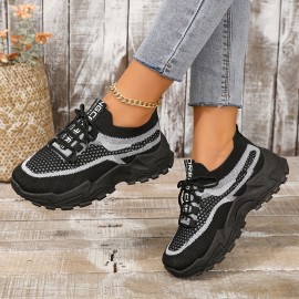 Sapatilha de plataforma de malha respirável para mulher, sapato casual de exterior com atacadores, sapatilha confortável de cano baixo, tamanho grande
