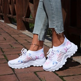 Sapatos esportivos casuais para mulheres - Partes superiores artificiais, dedos redondos, sapatos confortáveis adequados para todas as estações, com cadarços elásticos e solados antiderrapantes. Sapatos para todas as estações | Sapatos com dedos redondos 