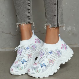 Sapatos esportivos casuais para mulheres - Partes superiores artificiais, dedos redondos, sapatos confortáveis adequados para todas as estações, com cadarços elásticos e solados antiderrapantes. Sapatos para todas as estações | Sapatos com dedos redondos 
