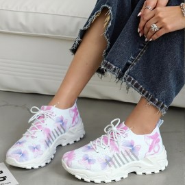 Sapatos esportivos casuais para mulheres - Partes superiores artificiais, dedos redondos, sapatos confortáveis adequados para todas as estações, com cadarços elásticos e solados antiderrapantes. Sapatos para todas as estações | Sapatos com dedos redondos 
