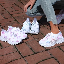Sapatos esportivos casuais para mulheres - Partes superiores artificiais, dedos redondos, sapatos confortáveis adequados para todas as estações, com cadarços elásticos e solados antiderrapantes. Sapatos para todas as estações | Sapatos com dedos redondos 