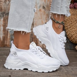 Sapatos desportivos casuais brancos para senhora, elegantes e respiráveis - Sapatos desportivos de malha leve e confortáveis, sapatos de corrida de cano baixo, sapatos de sola macia adequados para usar em todas as estações.
