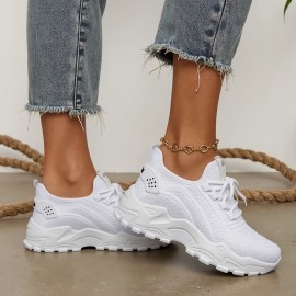 Sapatos desportivos casuais brancos para senhora, elegantes e respiráveis - Sapatos desportivos de malha leve e confortáveis, sapatos de corrida de cano baixo, sapatos de sola macia adequados para usar em todas as estações.