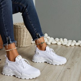 Sapatos desportivos casuais brancos para senhora, elegantes e respiráveis - Sapatos desportivos de malha leve e confortáveis, sapatos de corrida de cano baixo, sapatos de sola macia adequados para usar em todas as estações.