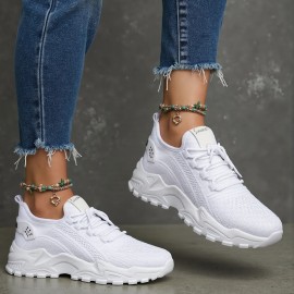 Sapatos desportivos casuais brancos para senhora, elegantes e respiráveis - Sapatos desportivos de malha leve e confortáveis, sapatos de corrida de cano baixo, sapatos de sola macia adequados para usar em todas as estações.