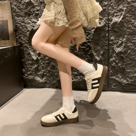 Tenis Femininos Brancos Casuais de Moda, Cano Baixo Retro, Tecido Respirável e Forro Interno Macio, Sola Leve em TPR, Antiderrapante e Duráveis para Caminhada ou Esporte - Calçado Confortável para Todas as Estações