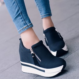 Botas Femininas de Cano Médio com Sola Grossa - Tênis Branco Casual com Fechamento em Zíper, Forro Macio e Solado de Borracha Durável para Moda Outonal
