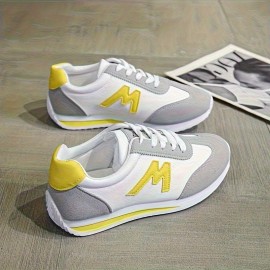 Tênis Leves e Casuais para Mulheres, Brancos com Detalhes Pretos, Vermelhos, Amarelos, Verdes e Azuis Marinho, Sola em EVA, Tênis de Corrida com Cadarço, Design Baixo, Adequado para Todas as Estações