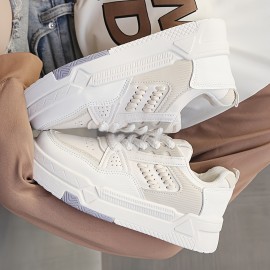 Tenis Casuais Brancos Femininos com Sola EVA Espessa Acolchoada, Capa de PU Resistente ao Desgaste & Malha Respirável - Design de Cadarço e Bico Redondo, 3 Opções de Cor para Conforto em Todas as Estações, Calçado Esportivo, Tênis Estilosos, Ajuste Seguro