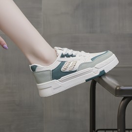 Tenis Casuais Brancos Femininos com Sola EVA Espessa Acolchoada, Capa de PU Resistente ao Desgaste & Malha Respirável - Design de Cadarço e Bico Redondo, 3 Opções de Cor para Conforto em Todas as Estações, Calçado Esportivo, Tênis Estilosos, Ajuste Seguro