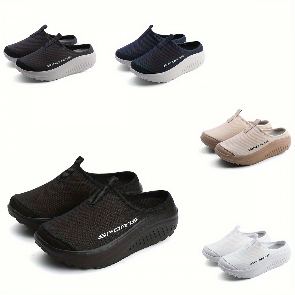Tênis Femininos de Malha Respirável Sem Cadarço - Sola Confortável em EVA, Sapatos Casuais Baixos para Todas as Estações, Bege com Estampa 