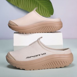 Tênis Femininos de Malha Respirável Sem Cadarço - Sola Confortável em EVA, Sapatos Casuais Baixos para Todas as Estações, Bege com Estampa 