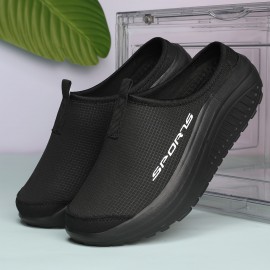 Tênis Femininos de Malha Respirável Sem Cadarço - Sola Confortável em EVA, Sapatos Casuais Baixos para Todas as Estações, Bege com Estampa 