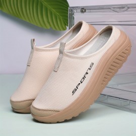 Tênis Femininos de Malha Respirável Sem Cadarço - Sola Confortável em EVA, Sapatos Casuais Baixos para Todas as Estações, Bege com Estampa 