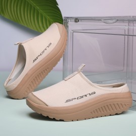 Tênis Femininos de Malha Respirável Sem Cadarço - Sola Confortável em EVA, Sapatos Casuais Baixos para Todas as Estações, Bege com Estampa 