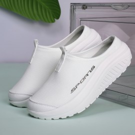 Tênis Femininos de Malha Respirável Sem Cadarço - Sola Confortável em EVA, Sapatos Casuais Baixos para Todas as Estações, Bege com Estampa 