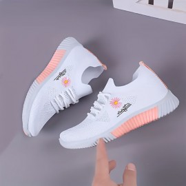 Vroue Se Tênis Leves e Respiráveis - Sapatilhas Esportivas Brancas com Bordado Floral Rosa, Solado Antiderrapante em PVC, Forro Macio para Conforto o Dia Todo, Design de Cadarço Baixo para Looks Casuais e Atividades ao Ar Livre