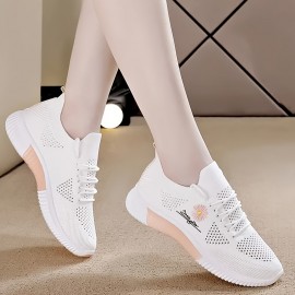 Vroue Se Tênis Leves e Respiráveis - Sapatilhas Esportivas Brancas com Bordado Floral Rosa, Solado Antiderrapante em PVC, Forro Macio para Conforto o Dia Todo, Design de Cadarço Baixo para Looks Casuais e Atividades ao Ar Livre