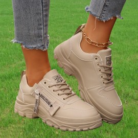 Tenis Femininos Casuais com Zíper Lateral e Amarração - Bico Redondo, Solado Grosso, Cabedal em PU e Sola de Borracha, Sapatos Versáteis Pretos para Todas as Estações, Calçados Casual