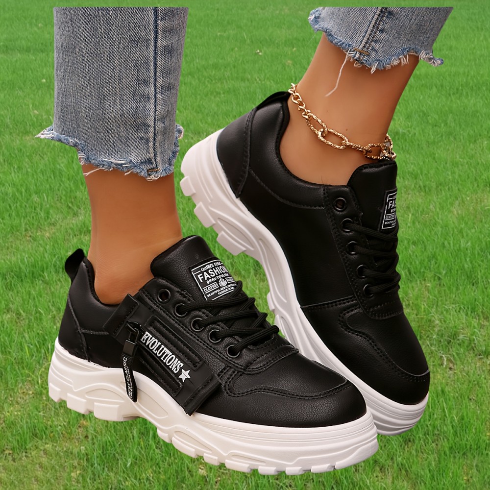 Tenis Femininos Casuais com Zíper Lateral e Amarração - Bico Redondo, Solado Grosso, Cabedal em PU e Sola de Borracha, Sapatos Versáteis Pretos para Todas as Estações, Calçados Casual