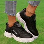 Tenis Femininos Casuais com Zíper Lateral e Amarração - Bico Redondo, Solado Grosso, Cabedal em PU e Sola de Borracha, Sapatos Versáteis Pretos para Todas as Estações, Calçados Casual