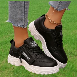 Tenis Femininos Casuais com Zíper Lateral e Amarração - Bico Redondo, Solado Grosso, Cabedal em PU e Sola de Borracha, Sapatos Versáteis Pretos para Todas as Estações, Calçados Casual