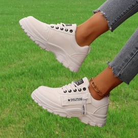 Tenis Femininos Casuais com Zíper Lateral e Amarração - Bico Redondo, Solado Grosso, Cabedal em PU e Sola de Borracha, Sapatos Versáteis Pretos para Todas as Estações, Calçados Casual