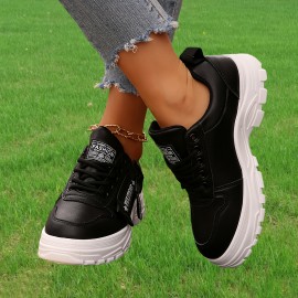 Tenis Femininos Casuais com Zíper Lateral e Amarração - Bico Redondo, Solado Grosso, Cabedal em PU e Sola de Borracha, Sapatos Versáteis Pretos para Todas as Estações, Calçados Casual
