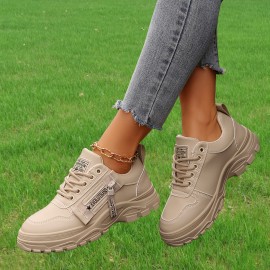 Tenis Femininos Casuais com Zíper Lateral e Amarração - Bico Redondo, Solado Grosso, Cabedal em PU e Sola de Borracha, Sapatos Versáteis Pretos para Todas as Estações, Calçados Casual