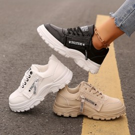 Tenis Femininos Casuais com Zíper Lateral e Amarração - Bico Redondo, Solado Grosso, Cabedal em PU e Sola de Borracha, Sapatos Versáteis Pretos para Todas as Estações, Calçados Casual