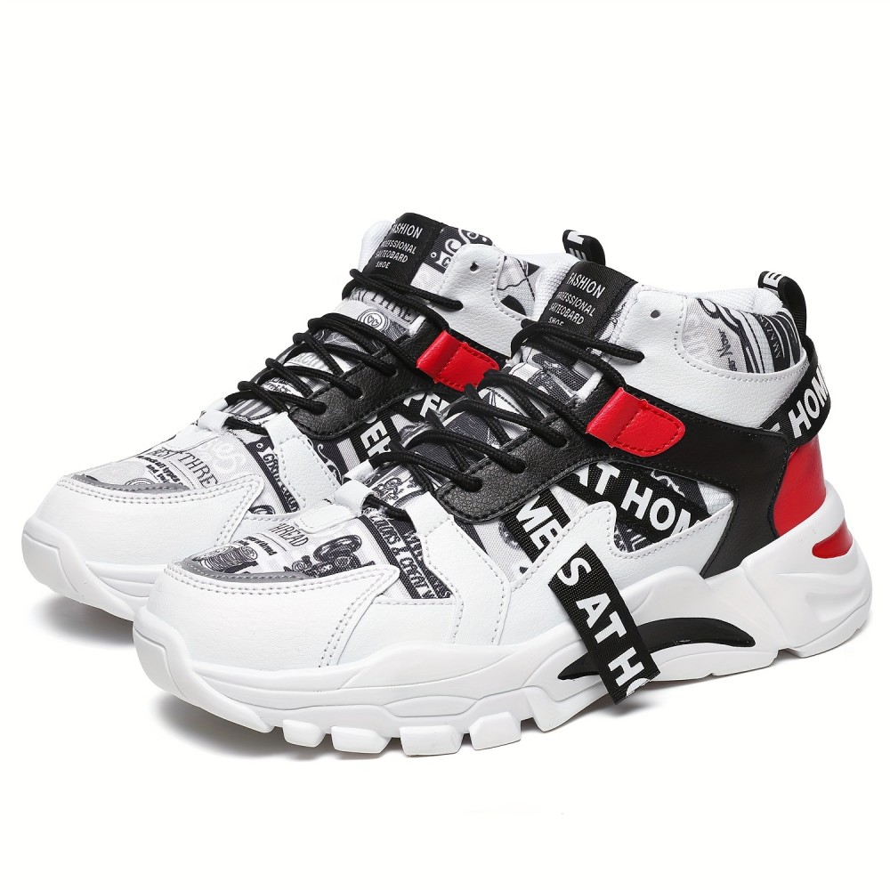Tenis Cano Alto Masculino e Feminino - Cores Branco e Vermelho, Parte Superior em Tecido Sintético Respirável, Solado Leve com Amortecimento EVA - Para Academia, Streetwear e Festas - Unissex para Corrida e Treinos - Fechamento de Cadarço