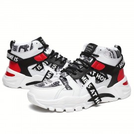 Tenis Cano Alto Masculino e Feminino - Cores Branco e Vermelho, Parte Superior em Tecido Sintético Respirável, Solado Leve com Amortecimento EVA - Para Academia, Streetwear e Festas - Unissex para Corrida e Treinos - Fechamento de Cadarço