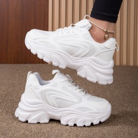 Tênis de malha respirável para mulheres com atacadores e sola espessa MD - Sapatos brancos de cano baixo para caminhadas confortáveis, estilo versátil para todas as estações, tênis femininos, design minimalista, calçado durável