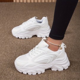 Tênis de malha respirável para mulheres com atacadores e sola espessa MD - Sapatos brancos de cano baixo para caminhadas confortáveis, estilo versátil para todas as estações, tênis femininos, design minimalista, calçado durável