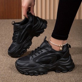 Tênis de malha respirável para mulheres com atacadores e sola espessa MD - Sapatos brancos de cano baixo para caminhadas confortáveis, estilo versátil para todas as estações, tênis femininos, design minimalista, calçado durável