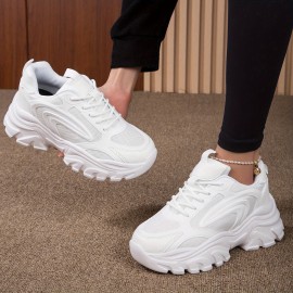 Tênis de malha respirável para mulheres com atacadores e sola espessa MD - Sapatos brancos de cano baixo para caminhadas confortáveis, estilo versátil para todas as estações, tênis femininos, design minimalista, calçado durável