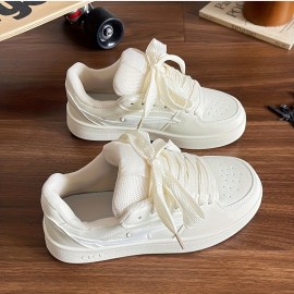 Tênis feminino branco elegante - Design baixo com corda, sola de borracha, parte superior e sola sintéticas, confortável para uso diário, calçado versátil | Estilo minimalista | Sapato sintético