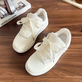 Tênis feminino branco elegante - Design baixo com corda, sola de borracha, parte superior e sola sintéticas, confortável para uso diário, calçado versátil | Estilo minimalista | Sapato sintético