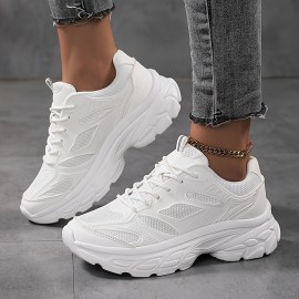Tênis esportivos de malha para mulheres, com solado grosso, respiráveis, com amarração, para corrida e caminhada casual.