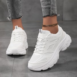 Tênis esportivos de malha para mulheres, com solado grosso, respiráveis, com amarração, para corrida e caminhada casual.