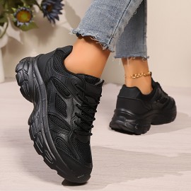 Tênis esportivos de malha para mulheres, com solado grosso, respiráveis, com amarração, para corrida e caminhada casual.