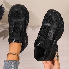 Tênis esportivos de malha para mulheres, com solado grosso, respiráveis, com amarração, para corrida e caminhada casual.
