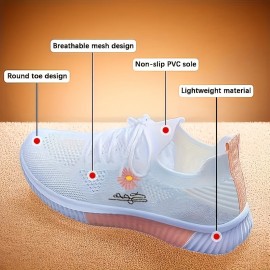 Tenis Leves e Respiráveis para Mulheres com Bordado de Flores em Branco e Rosa - Solado Antiderrapante em PVC, Forro Macio para Conforto Durante o Dia Todo, Ideal para Uso Casual e Atividades ao Ar Livre