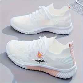Tenis Leves e Respiráveis para Mulheres com Bordado de Flores em Branco e Rosa - Solado Antiderrapante em PVC, Forro Macio para Conforto Durante o Dia Todo, Ideal para Uso Casual e Atividades ao Ar Livre