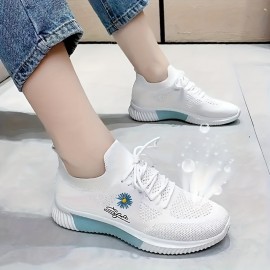 Tenis Leves e Respiráveis para Mulheres com Bordado de Flores em Branco e Rosa - Solado Antiderrapante em PVC, Forro Macio para Conforto Durante o Dia Todo, Ideal para Uso Casual e Atividades ao Ar Livre
