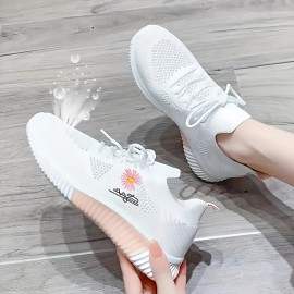 Tenis Leves e Respiráveis para Mulheres com Bordado de Flores em Branco e Rosa - Solado Antiderrapante em PVC, Forro Macio para Conforto Durante o Dia Todo, Ideal para Uso Casual e Atividades ao Ar Livre