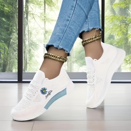 Tenis Leves e Respiráveis para Mulheres com Bordado de Flores em Branco e Rosa - Solado Antiderrapante em PVC, Forro Macio para Conforto Durante o Dia Todo, Ideal para Uso Casual e Atividades ao Ar Livre
